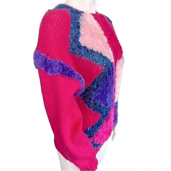 VINTAGE Funky & Fuzzy Pink & Purple Shaggy Fringe Teddy Bear Knit Pullover